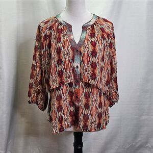 Figueroa & Flower Tiered Abstract Button Front Blouse Size Small